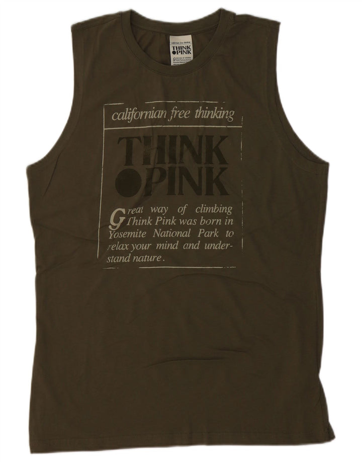 TÆNK PINK Herre Grafisk Vest Top Stor Khaki Bomuld