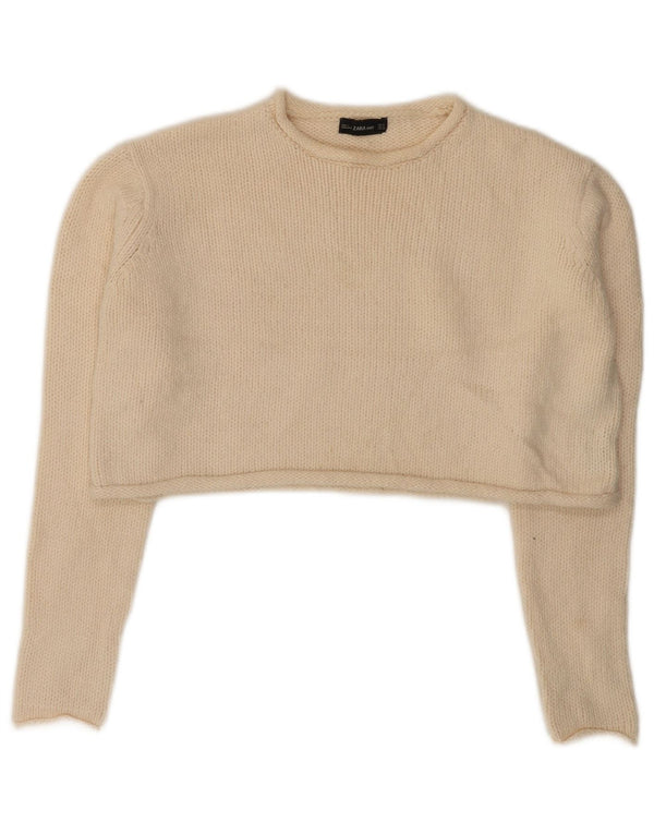 Zara Womens Crop Crew Neck Jumper Sweater UK 10 Small Off White Akryl