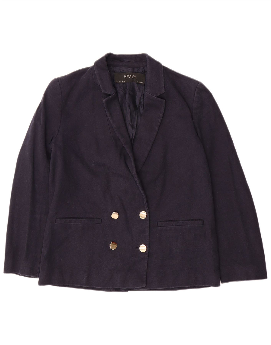 ZARA Dame Dobbeltradet Blazer Jacket UK 10 Small Navy Blue Bomuld