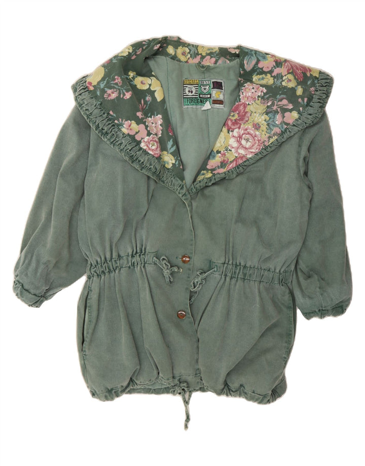FOREIGNER Womens Oversized Overcoat UK 12 Medium Green Floral Cotton Vintage Foreigner and Second-Hand Foreigner from Messina Hembry 