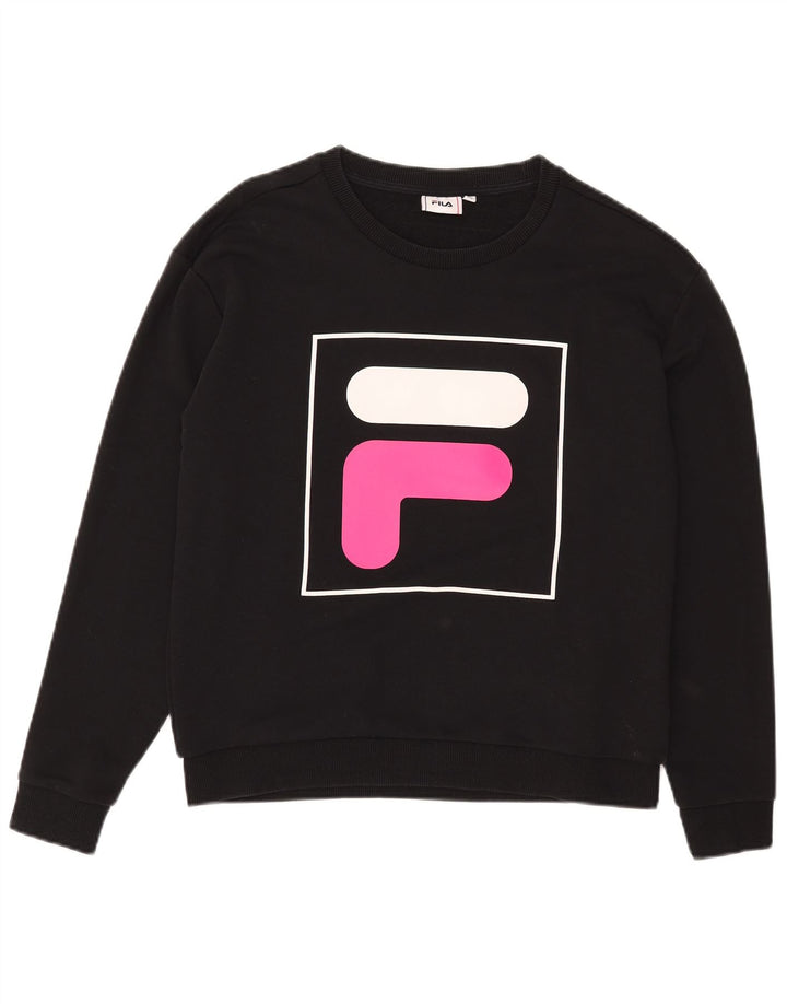 Fila Dame Grafisk Sweatshirt Jumper UK 14 Medium Sort Bomuld