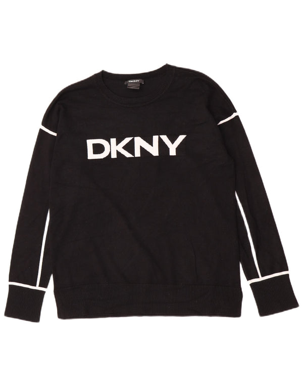 Dkny Dame Grafisk Boat Neck Jumper Sweater UK 16 Large Black Viscose