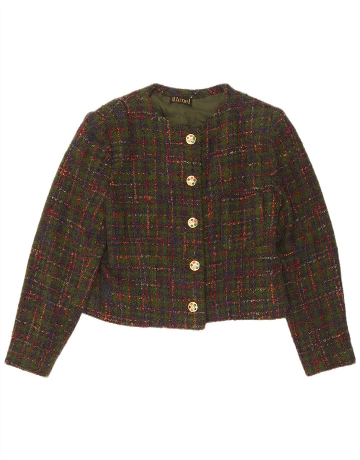 Vintage Dame Crop 5 Button Blazer Jacket UK 14 Medium Green Check