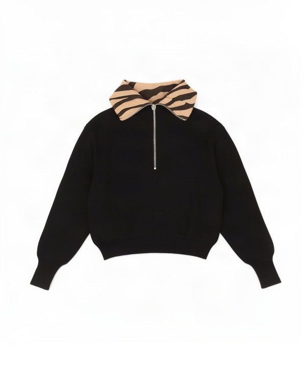 Zara Womens Crop Zip Neck Jumper Sweater UK 16 Large Black Animal Print