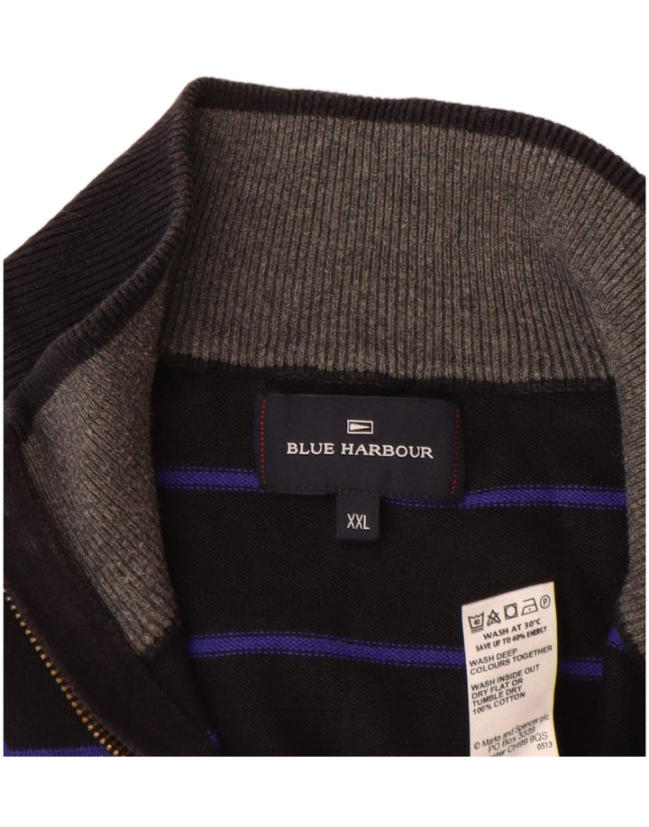 Marks & Spencer Herre Blue Harbor Zip Neck Jumper Sweater 2XL Sort Stribet