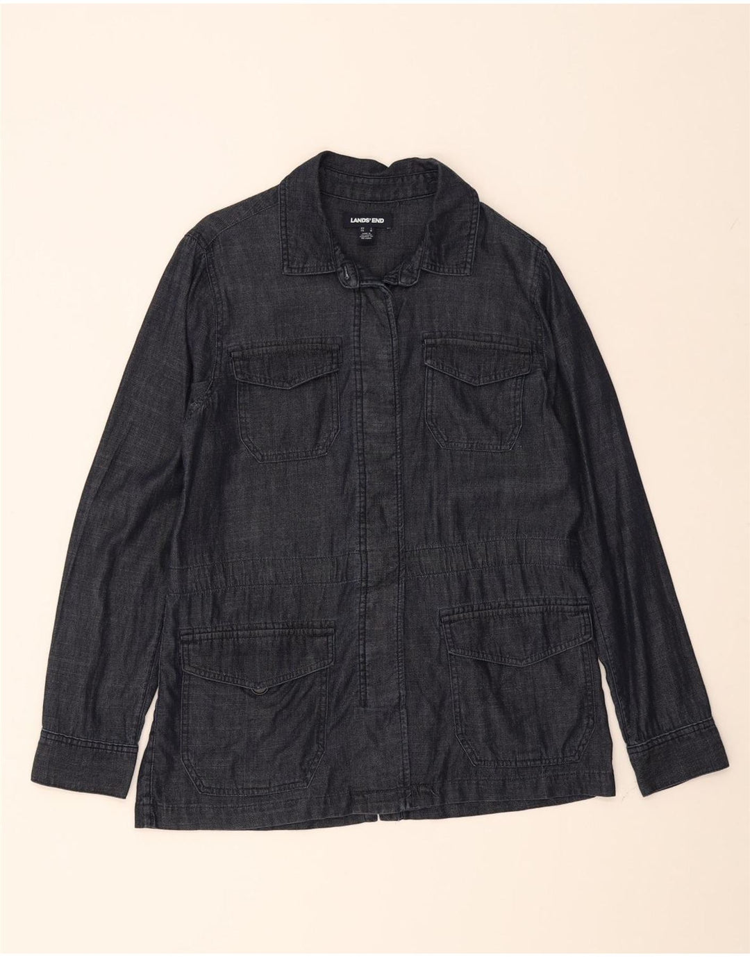 LANDS END Womens Oversized Utility Jacket UK 10 Small Navy Blue Cotton Vintage Lands End and Second-Hand Lands End from Messina Hembry 