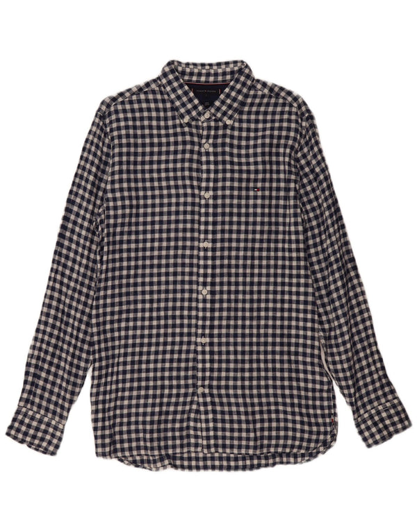 Tommy Hilfiger Herre Slim Fit Skjorte Large Navy Blue Gingham Linen