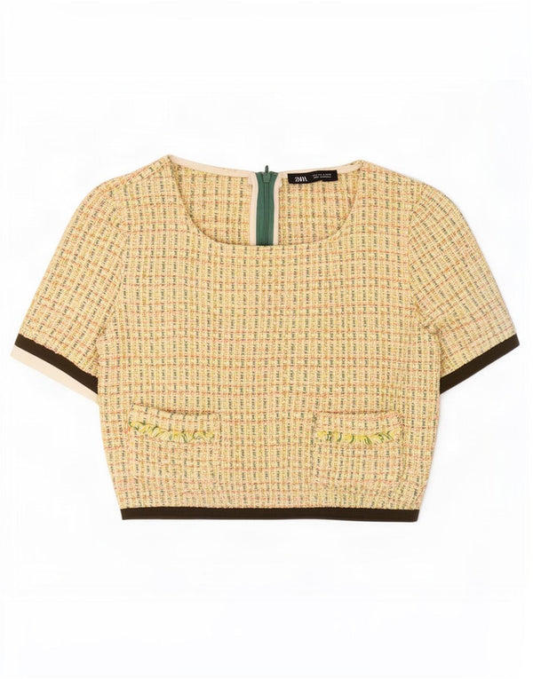 Zara Womens Crop Blouse Top UK 10 Small Yellow Flecked