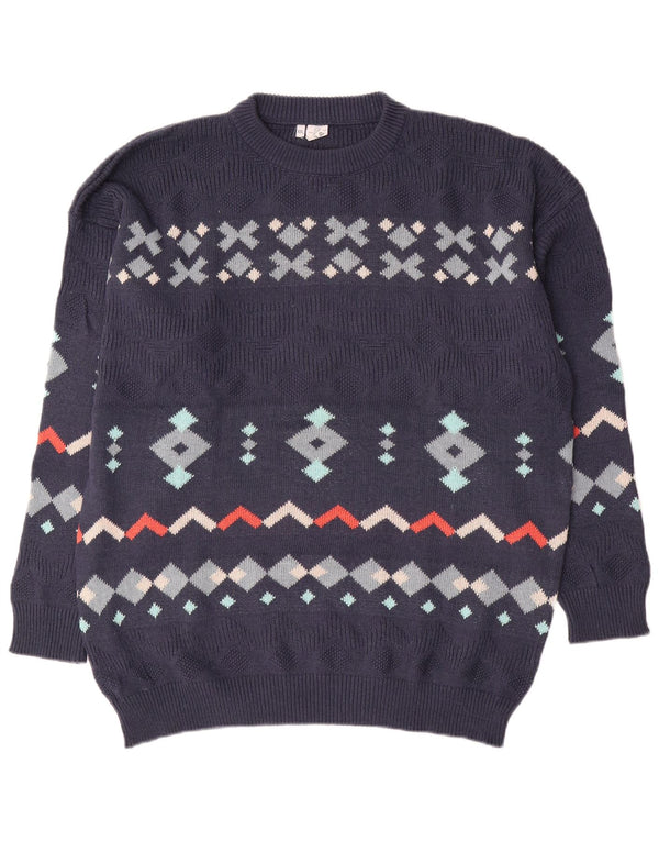 Vintage herre rund hals sweater 2XL marineblå geometrisk bomuld