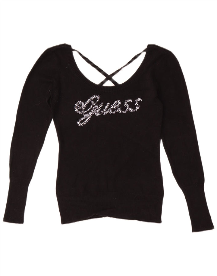 Guess Dame Grafisk Langærmet Bluse Top UK 8 Lille Sort