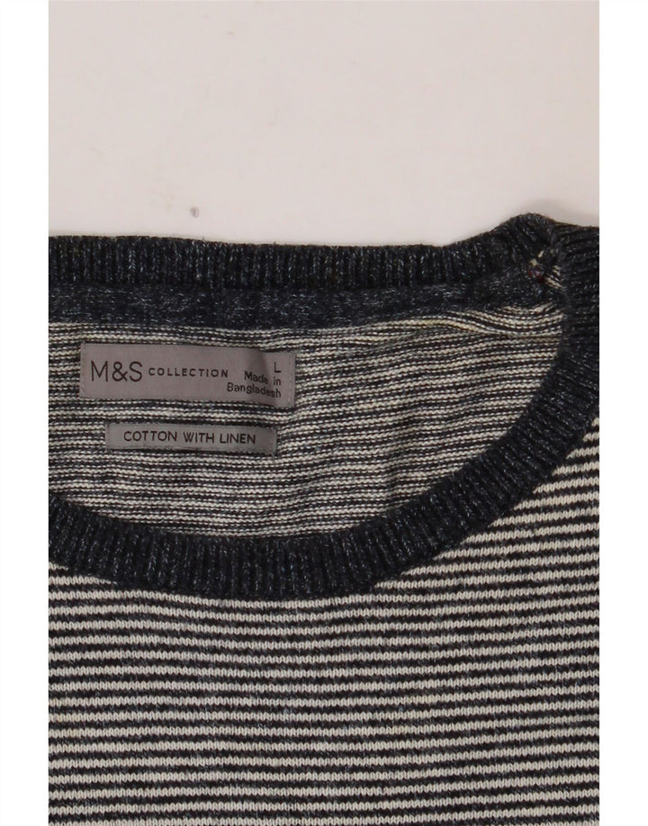 MARKS & SPENCER Herre sweater med rund hals, stor marineblå nålestribe