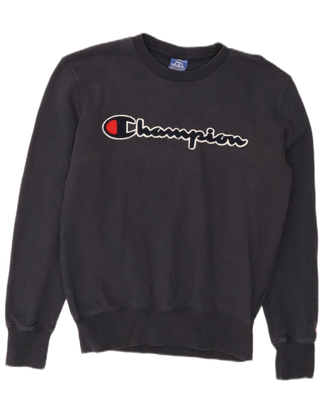 Champion Dame Grafisk Sweatshirt Jumper UK 10 Small Navy Blue Bomuld