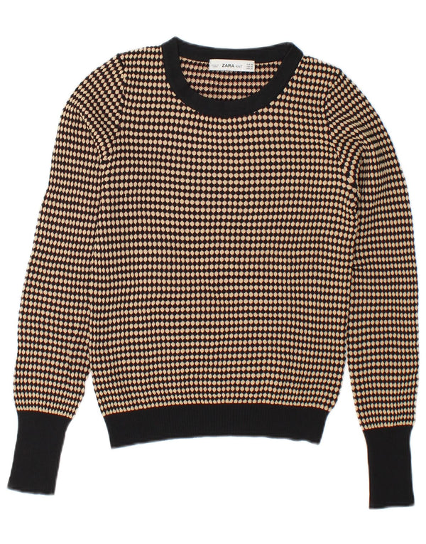 Zara Dame Boat Neck Jumper Sweater UK 6 XS Beige Geometrisk Viscose