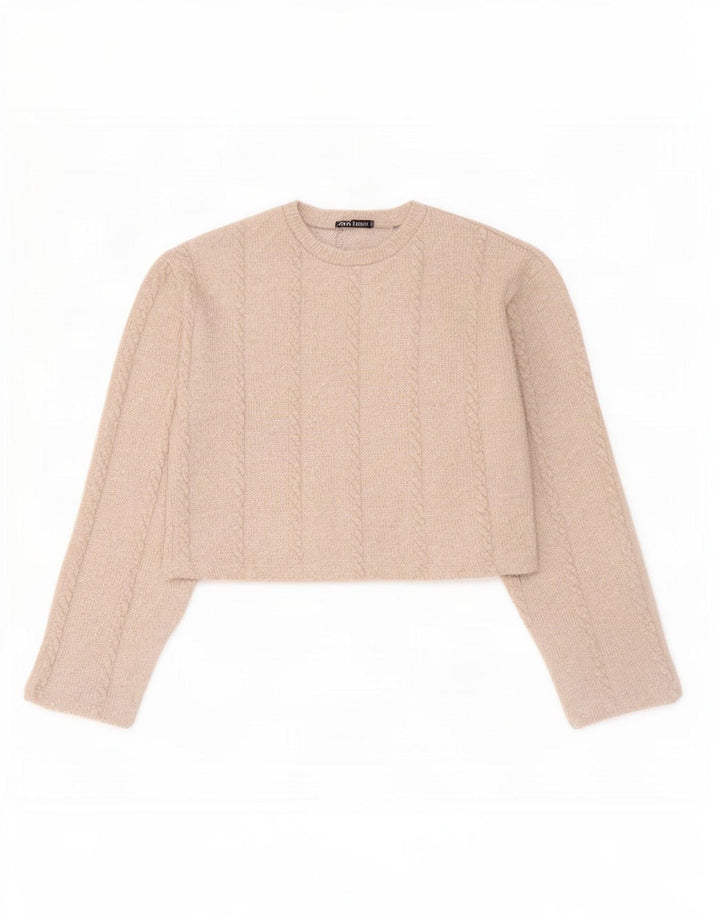Zara Womens Crop Crew Neck Jumper Sweater UK 12 Medium Beige Polyester