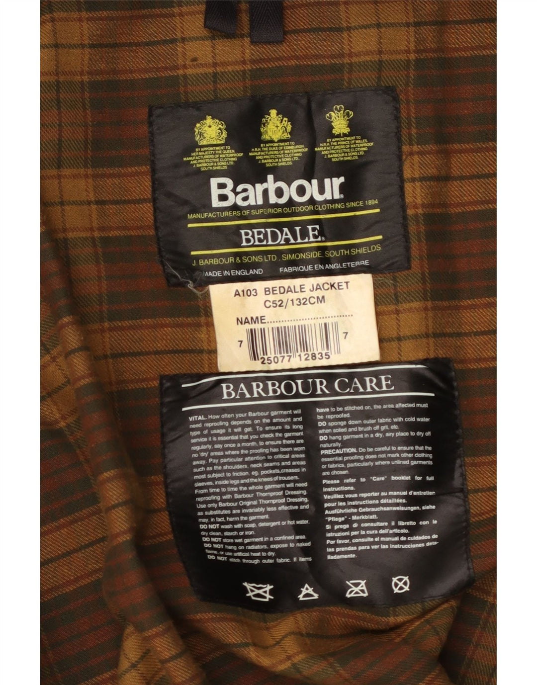 BARBOUR Herre Bedale Vokset Bomuldsjakke Størrelse 52 2XL Brun Bomuld