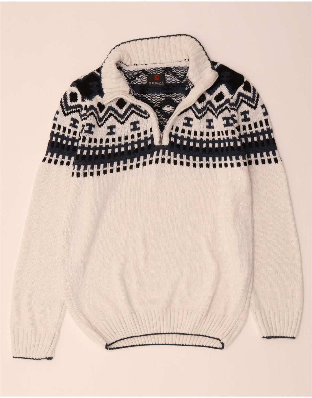 Vintage herre lynlås-hals sweater stor hvid geometrisk polyakryl