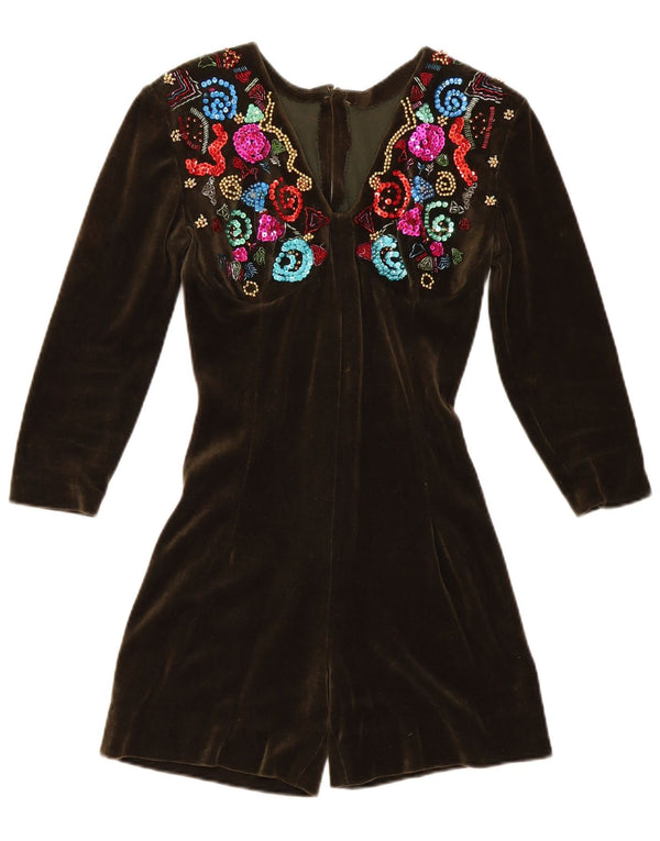 Vintage Kvinder Velvet 3/4 ærmet Playsuit UK 12 Medium Khaki Floral