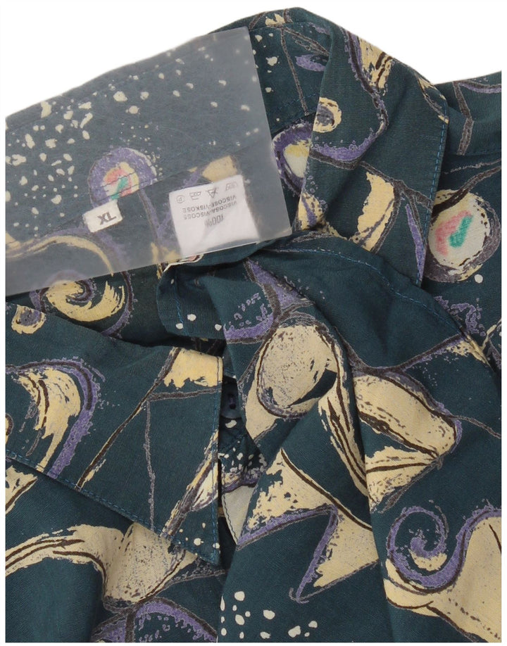 Vintage herre abstrakt mønster kortærmet skjorte XL blå viskose retro