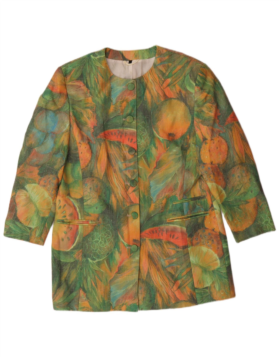 VINTAGE Dame Longline abstrakt mønster blazerjakke EU 42 Large Green