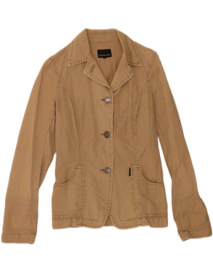 CALVIN KLEIN Womens 3 Button Blazer Jacket UK 10 Small Beige Linen Vintage Calvin Klein and Second-Hand Calvin Klein from Messina Hembry 