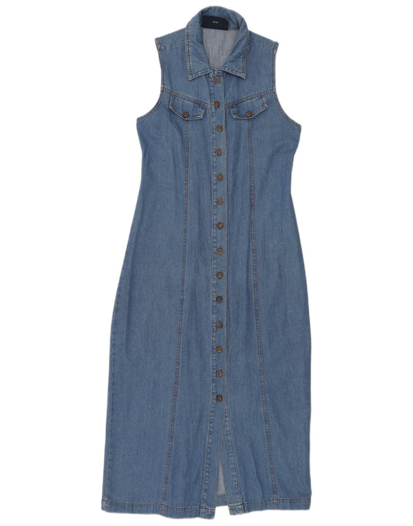 Vintage Dame ærmeløs Maxi Denim Kjole UK 10 Small Blue Cotton