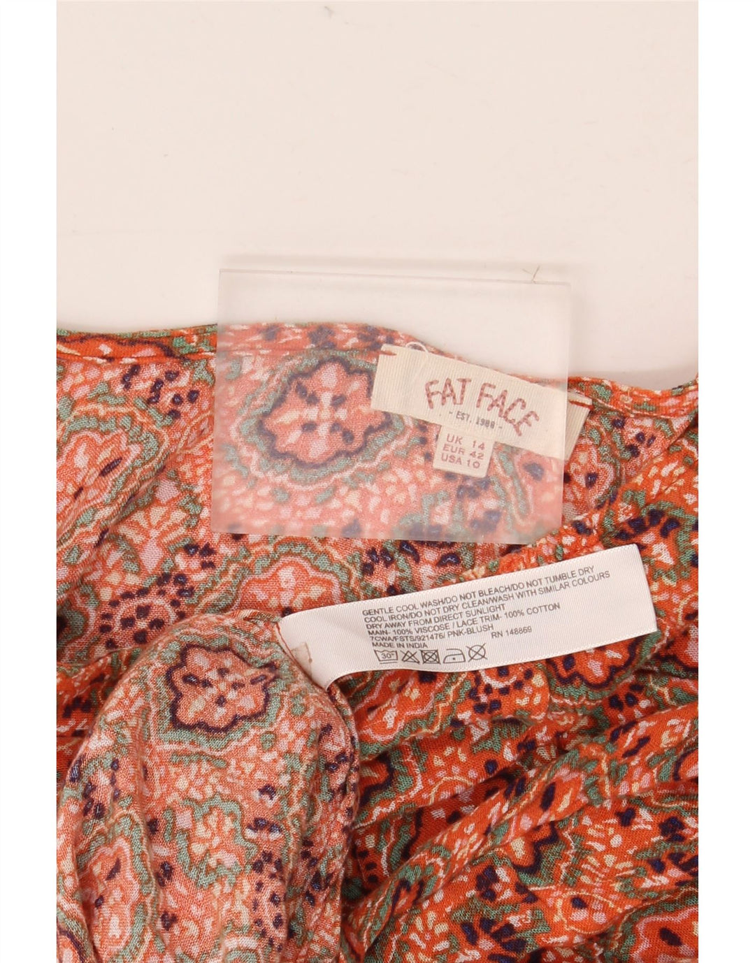 Fat Face Dame Asymmetrisk Bluse Top UK 14 Medium Orange Paisley Viscose