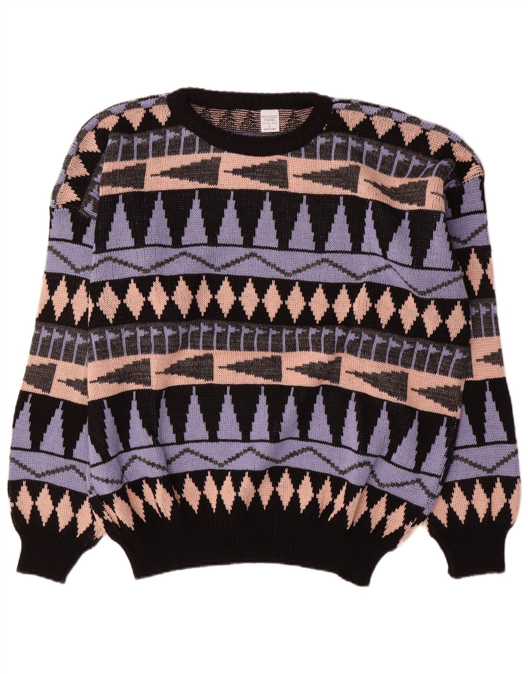 Vintage herre rund hals sweater stor flerfarvet geometrisk akryl
