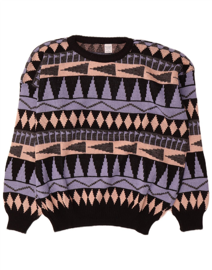 Vintage herre rund hals sweater stor flerfarvet geometrisk akryl