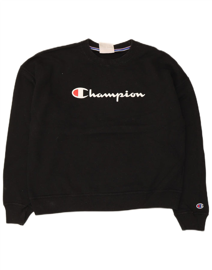 Champion Dame Grafisk Sweatshirt Jumper UK 14 Medium Sort Bomuld