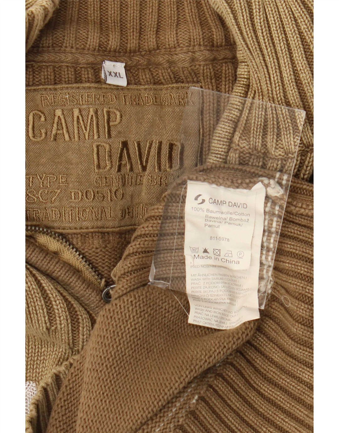 Camp David Herre grafisk lynlås-hals sweater 2XL brun bomuld