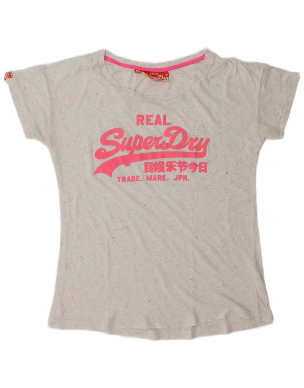 SUPERDRY Grafisk T-shirt top til kvinder UK 14 Medium Off White Flekket bomuld