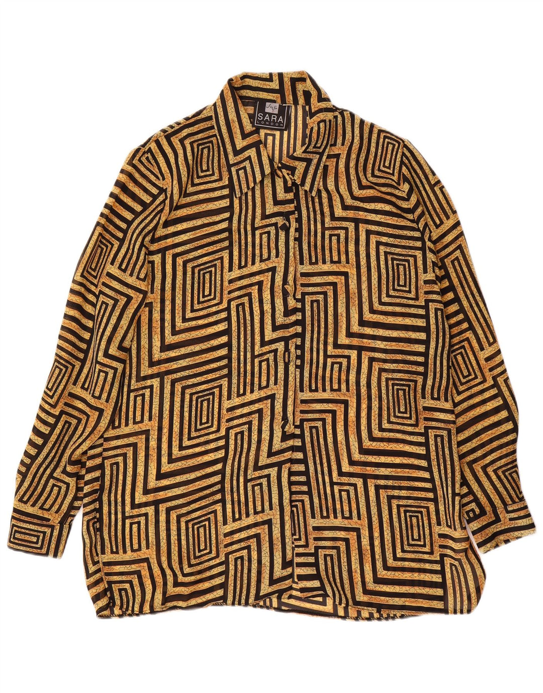 Vintage dameskjortebluse UK 14 Stor beige geometrisk polyester