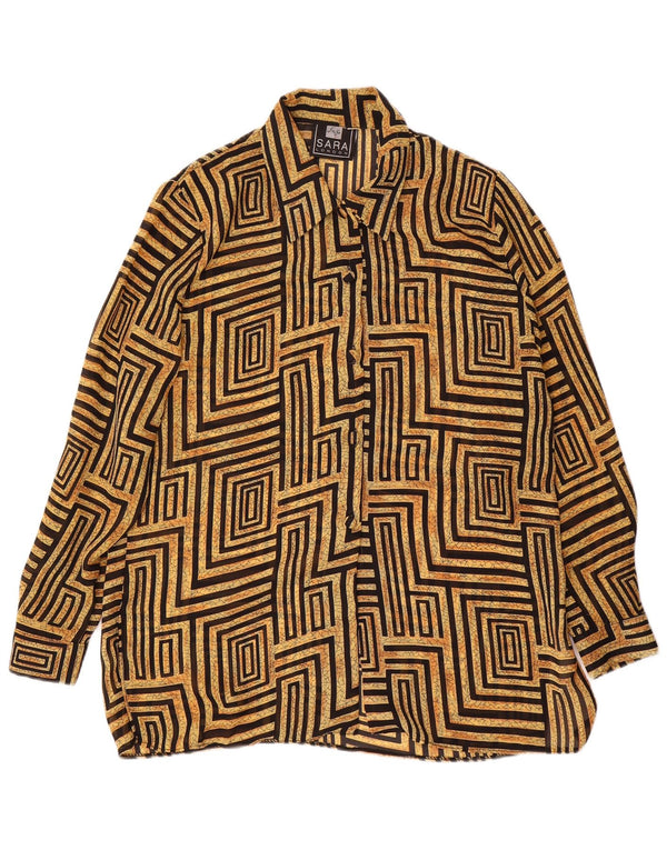 Vintage dameskjortebluse UK 14 Stor beige geometrisk polyester