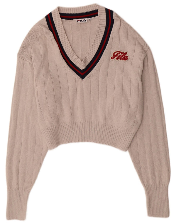 FILA Dame Oversized Crop V-hals sweater UK 6 XS Beige Bomuld