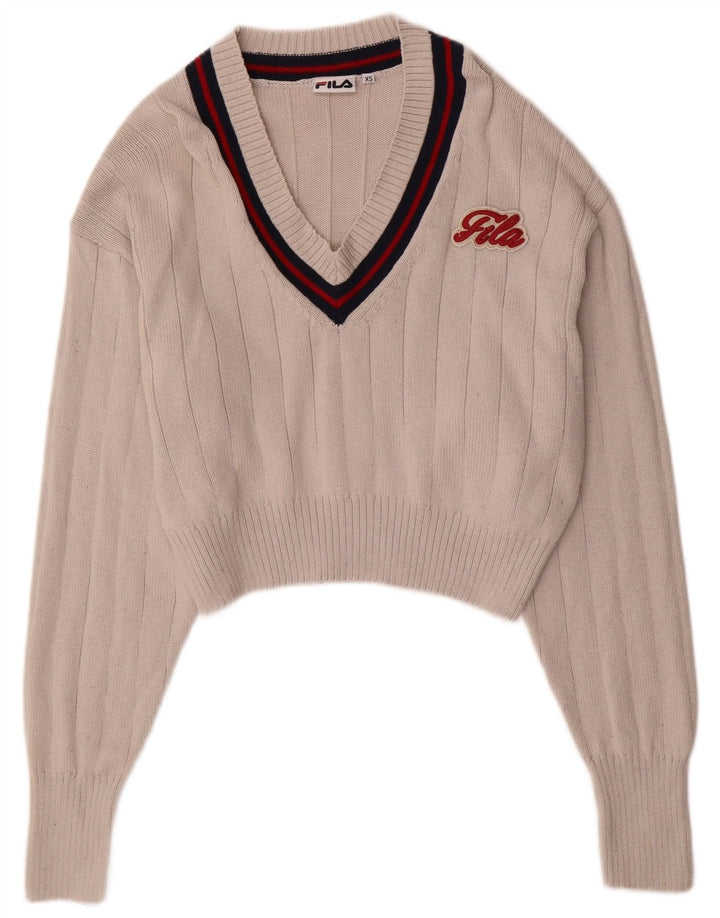 FILA Dame Oversized Crop V-hals sweater UK 6 XS Beige Bomuld