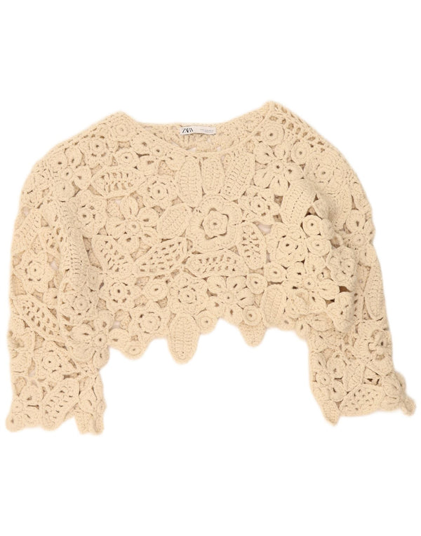 Zara oversized 3/4 ærmet hæklet bluse top UK 14 Medium Beige