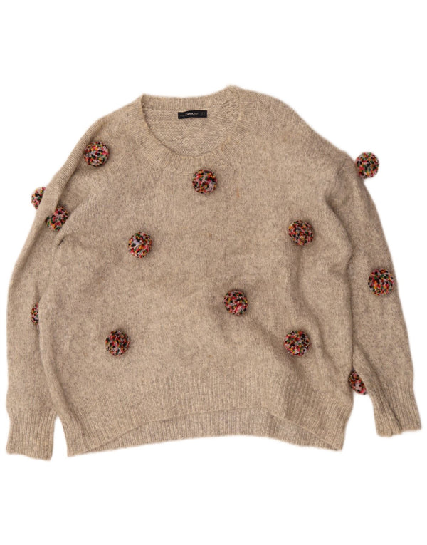 Zara Dame Oversized Boat Neck Jumper Sweater UK 10 Small Beige Flecked