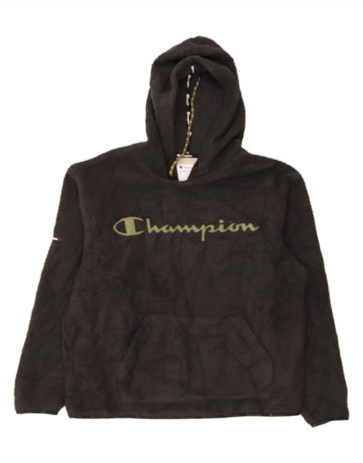 CHAMPION Womens Oversized Graphic Hooded Fleece Jumper UK 14 Medium Grey Vintage Champion and Second-Hand Champion from Messina Hembry 