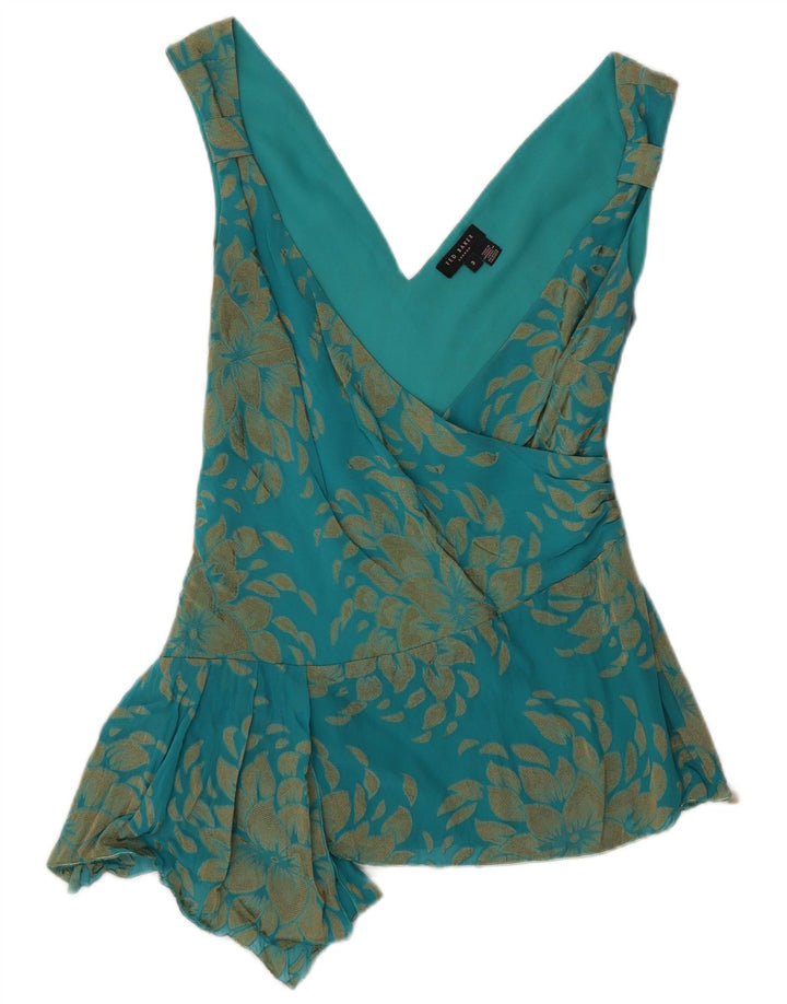 Ted Baker Dame Asymmetrisk Bluse Top Størrelse 3 Medium Green Floral