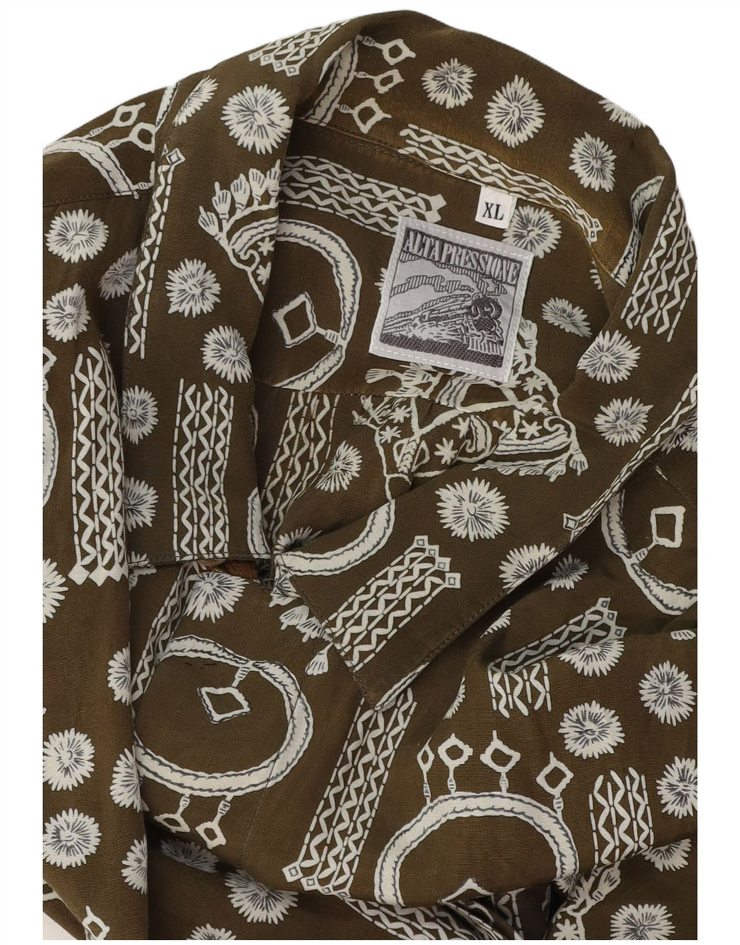 Vintage herre abstrakt mønster kortærmet skjorte XL Khaki