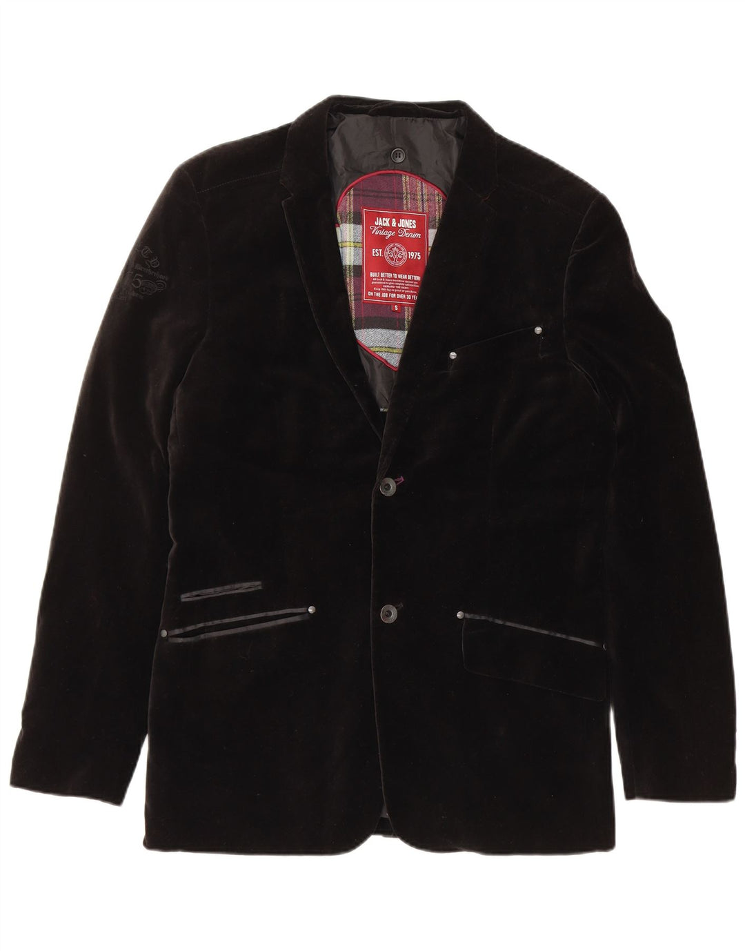 JACK & JONES Herre 2 Button Velvet Blazer Jacket UK 36 Small Black Bomuld