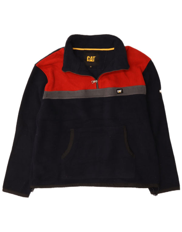 Caterpillar Mens Zip Neck Fleece Jumper XL Navy Blue Colourblock Polyester