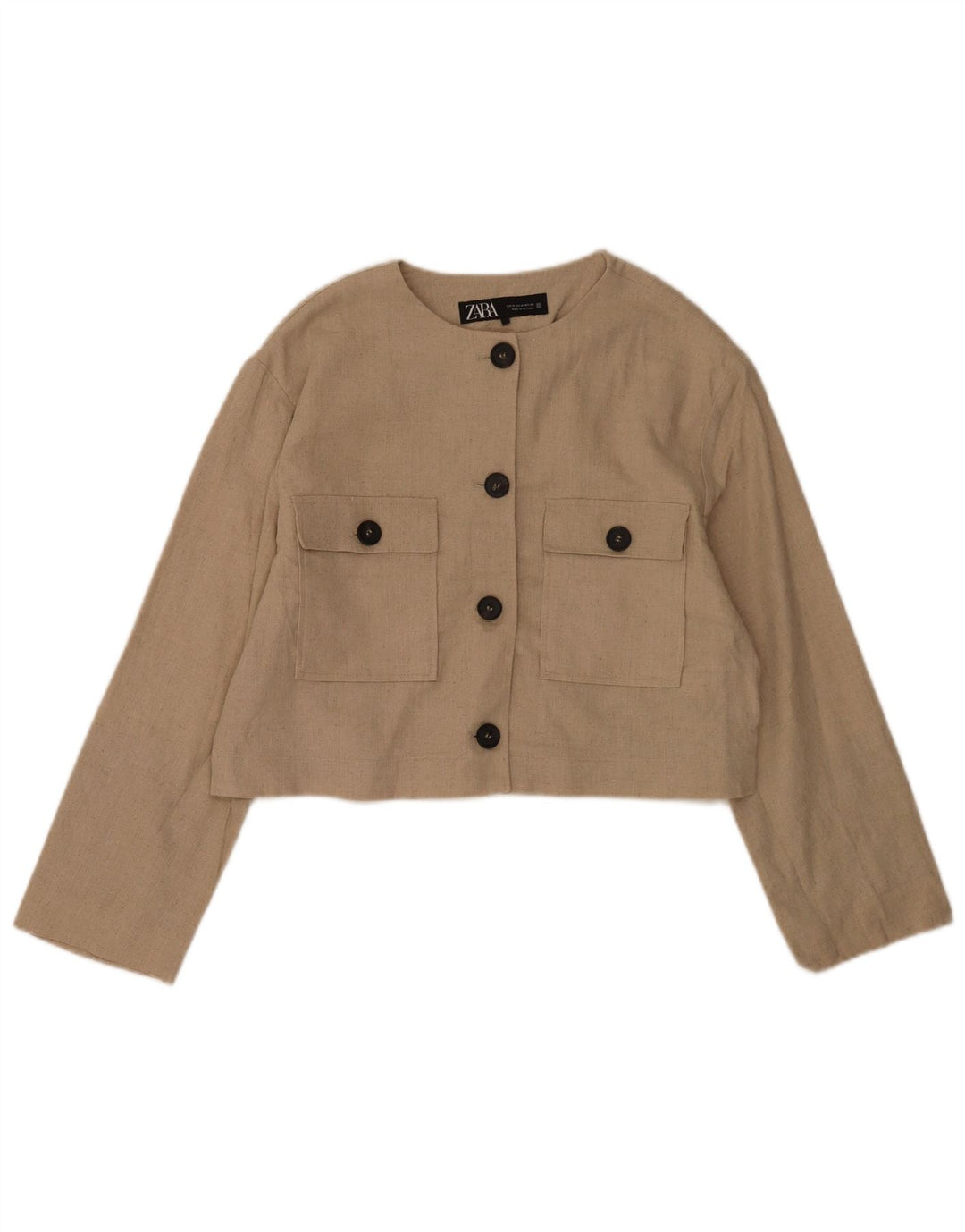 Zara Dame Crop 4 Button Blazer Jacket UK 14 Medium Beige Polyester