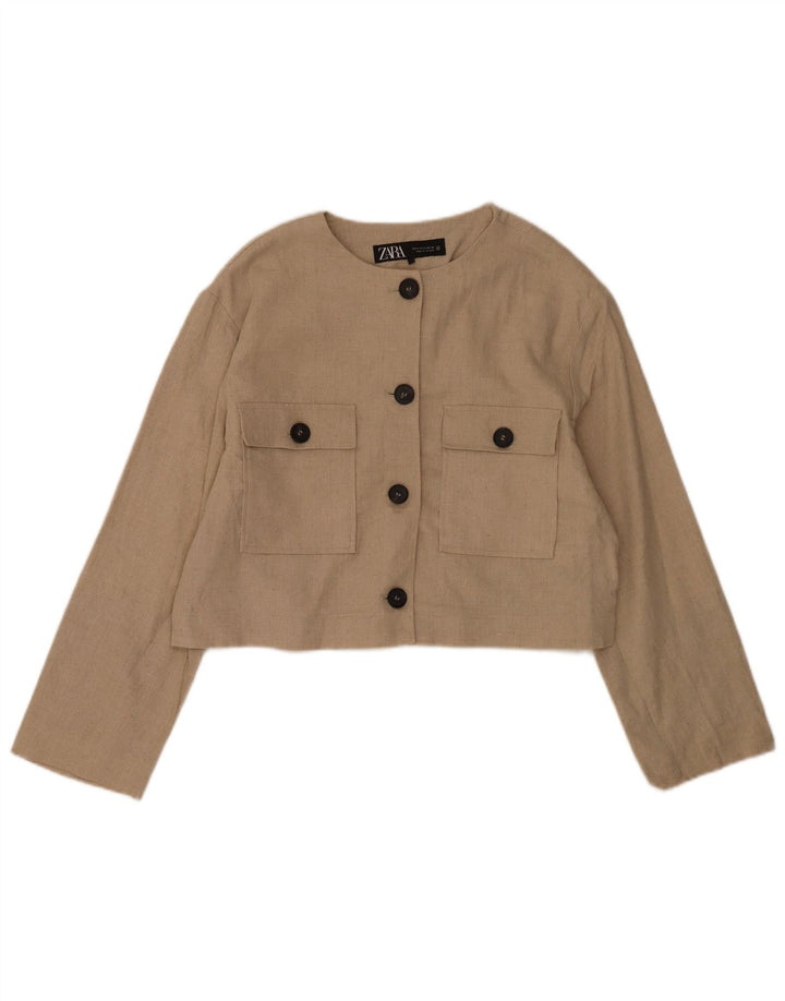 Zara Dame Crop 4 Button Blazer Jacket UK 14 Medium Beige Polyester