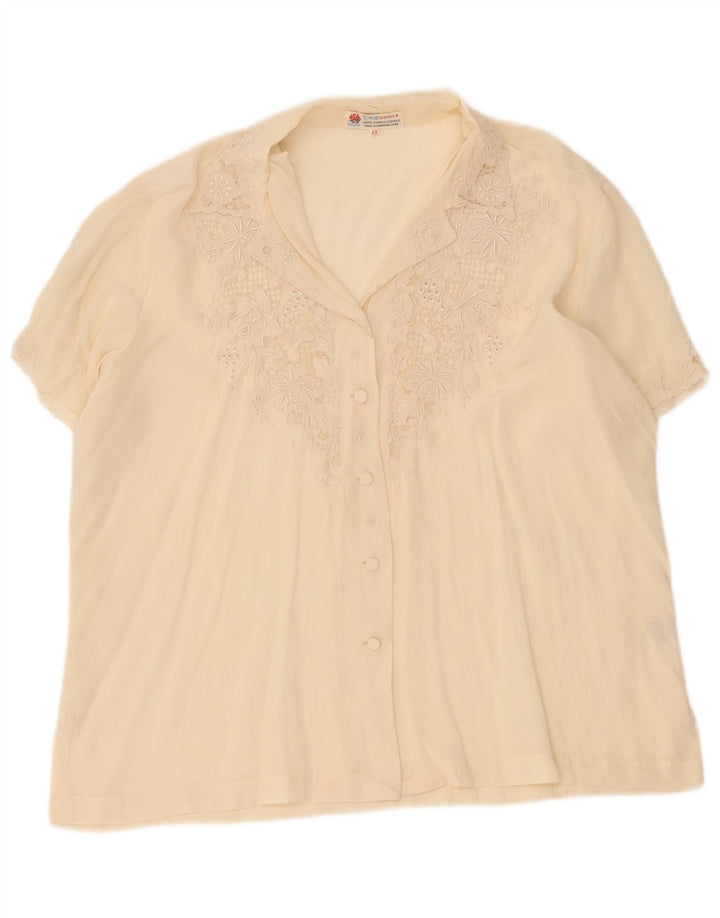 Vintage kortærmet skjortebluse til kvinder IT 42 Medium Off White Silke