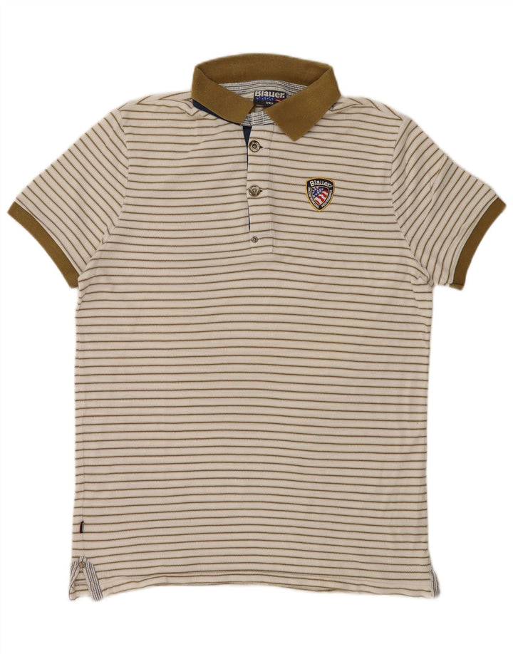 BLAUER Mens Polo Shirt Large White Striped Cotton