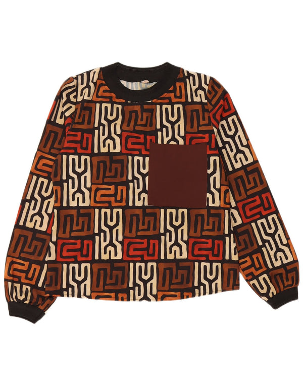 VINTAGE Dame Top Langærmet UK 12 Medium Brun Geometrisk