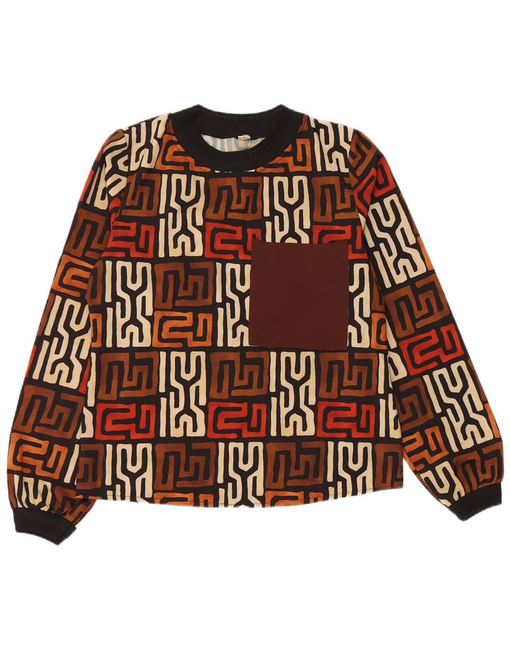 VINTAGE Dame Top Langærmet UK 12 Medium Brun Geometrisk
