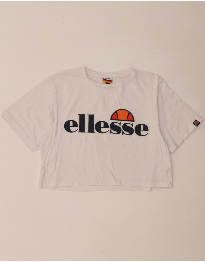 ELLESSE Dame Crop Grafisk T-Shirt Top UK 10 Small White Bomuld