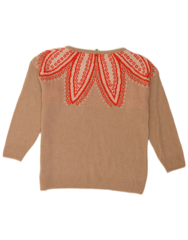 Benetton kvinders abstrakt mønster rund hals sweater UK 10 Small Beige